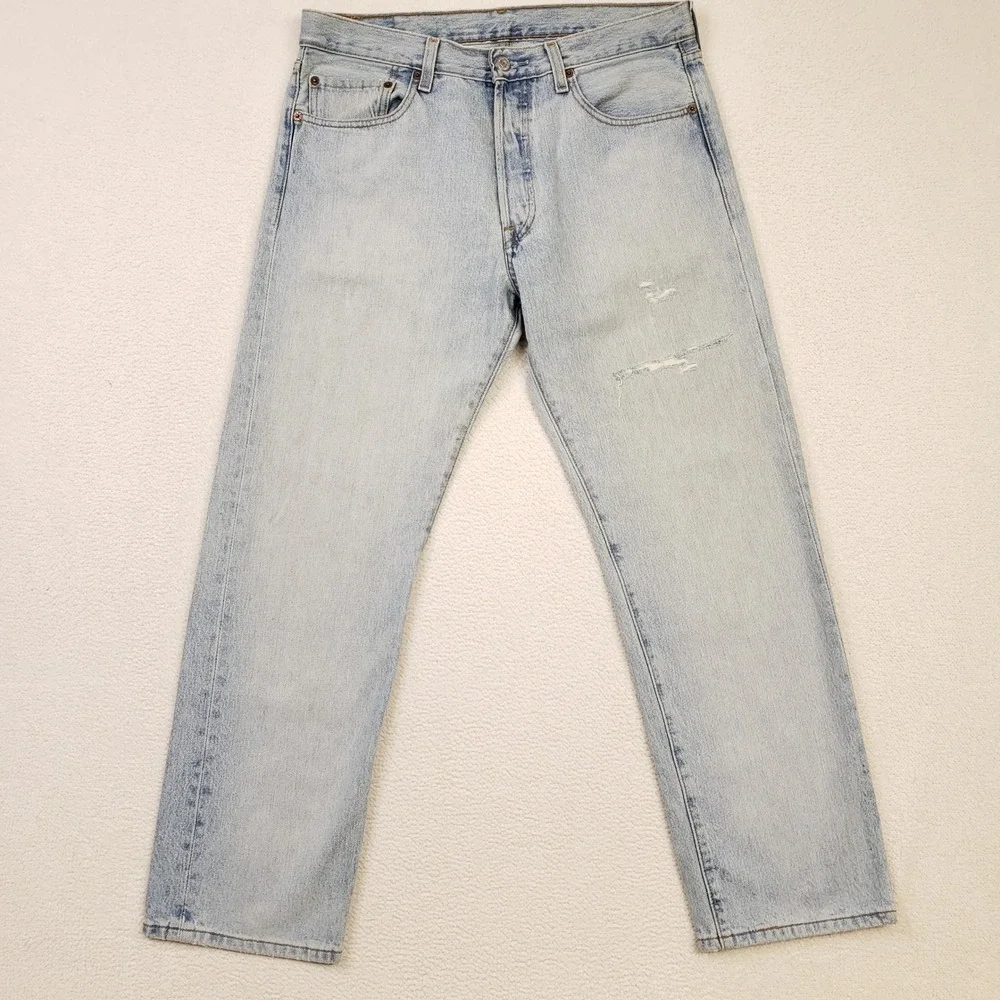 Y2K Levi's 501 Jeans Mens 34x30 Light Blue Distressed Button Fly Denim 2003